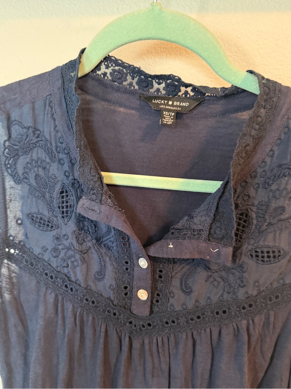 Lucky Brand Navy Embroidered Sleeveless Henley Tank - Picture 2 of 3